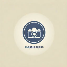 Design a logo for 'Classic Clicks Photography'. It should have a vintage, classic feel with elements related to photography, such as a camera or film roll.