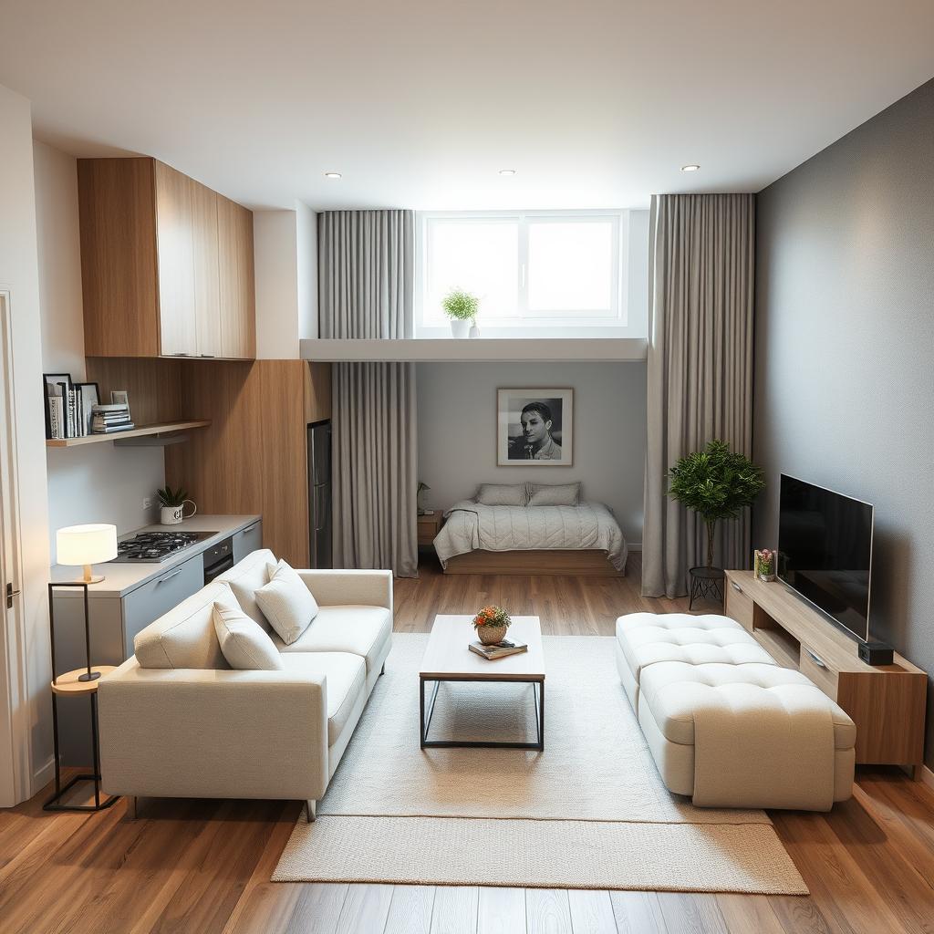 An efficient open-plan layout of a 50 square meter living space that includes a kitchen, living room, and bedroom, all creatively arranged to maximize the use of space