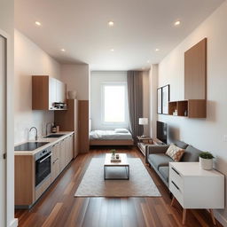 An efficient open-plan layout of a 50 square meter living space that includes a kitchen, living room, and bedroom, all creatively arranged to maximize the use of space