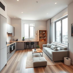 An efficient open-plan layout of a 50 square meter living space that includes a kitchen, living room, and bedroom, all creatively arranged to maximize the use of space