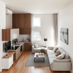 An efficient open-plan layout of a 50 square meter living space that includes a kitchen, living room, and bedroom, all creatively arranged to maximize the use of space