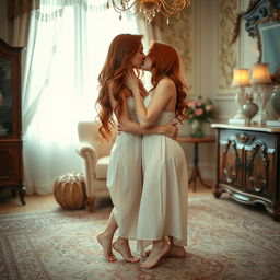 Two beautiful redhead women barefoot, embracing each other in a tender kiss