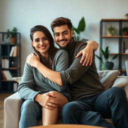 A young couple sitting together, with the woman sitting comfortably on her husband's lap