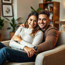 A young couple sitting together, with the woman sitting comfortably on her husband's lap