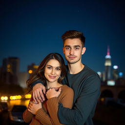 A young man with a thin, tall face, holding his wife tenderly as they both look directly at the camera, capturing a moment of connection and love