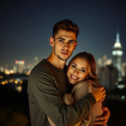 A young man with a thin, tall face, holding his wife tenderly as they both look directly at the camera, capturing a moment of connection and love