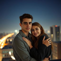 A young man with a thin, tall face, holding his wife tenderly as they both look directly at the camera, capturing a moment of connection and love