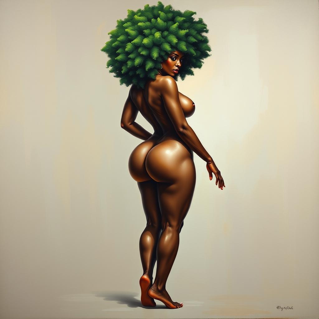 A polished, oil-based painting depicting a full nude body view of a gorgeous black woman with a green tree afro, beautiful breasts, and a big booty in a sensual pose