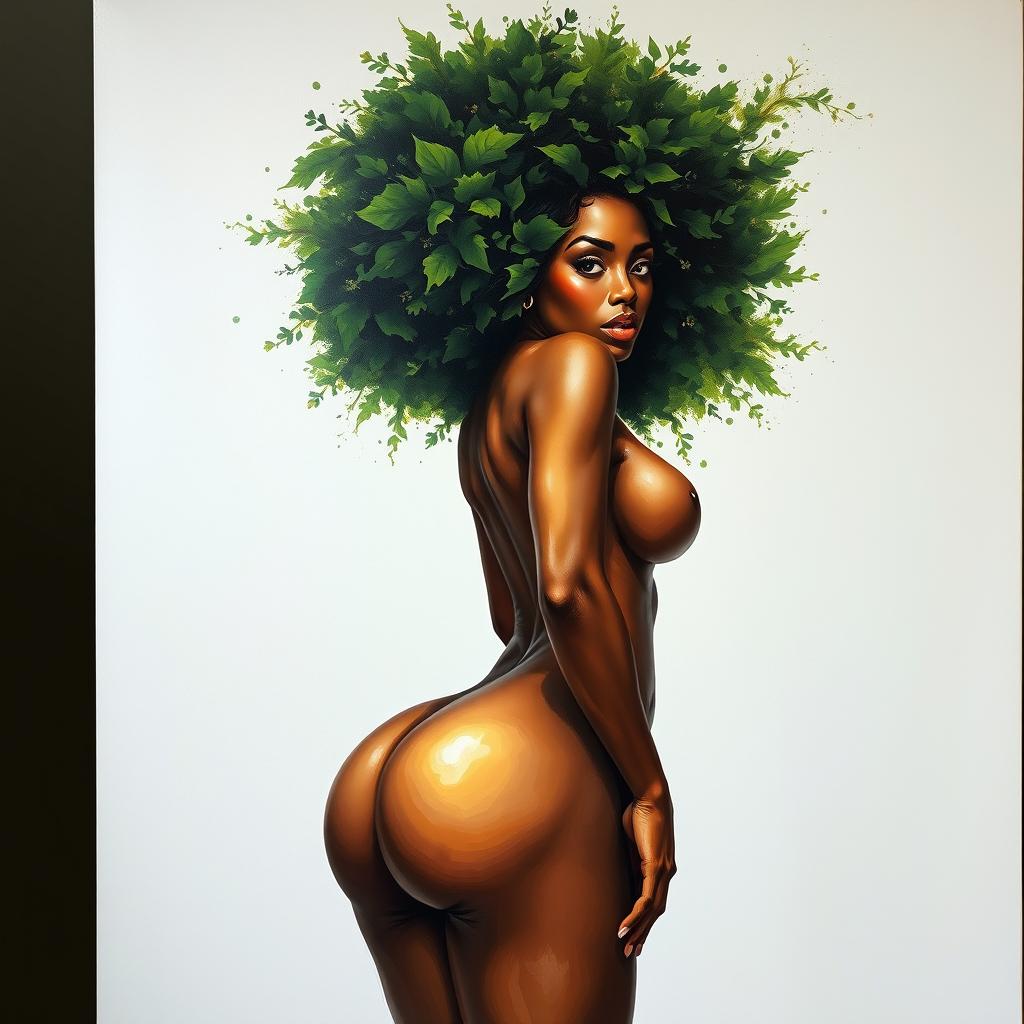 A polished, oil-based painting depicting a full nude body view of a gorgeous black woman with a green tree afro, beautiful breasts, and a big booty in a sensual pose