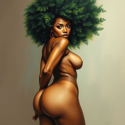 A polished, oil-based painting depicting a full nude body view of a gorgeous black woman with a green tree afro, beautiful breasts, and a big booty in a sensual pose