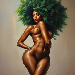 A polished, oil-based painting depicting a full nude body view of a gorgeous black woman with a green tree afro, beautiful breasts, and a big booty in a sensual pose