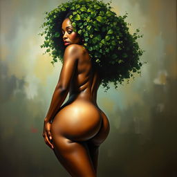 A polished, oil-based painting depicting a full nude body view of a gorgeous black woman with a green tree afro, beautiful breasts, and a big booty in a sensual pose