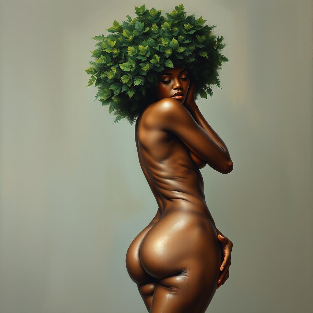 A polished, oil-based painting depicting a full nude body view of a gorgeous black woman with a green tree afro, beautiful breasts, and a big booty in a sensual pose