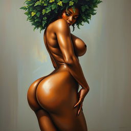 A polished, oil-based painting depicting a full nude body view of a gorgeous black woman with a green tree afro, beautiful breasts, and a big booty in a sensual pose