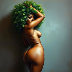 A polished, oil-based painting depicting a full nude body view of a gorgeous black woman with a green tree afro, beautiful breasts, and a big booty in a sensual pose