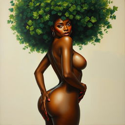 A polished, oil-based painting depicting a full nude body view of a gorgeous black woman with a green tree afro, beautiful breasts, and a big booty in a sensual pose