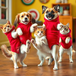 Dogs and cats balancing on one leg wearing red clothing