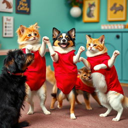 Dogs and cats balancing on one leg wearing red clothing