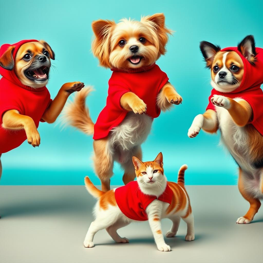 Dogs and cats balancing on one leg wearing red clothing