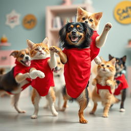 Dogs and cats balancing on one leg wearing red clothing