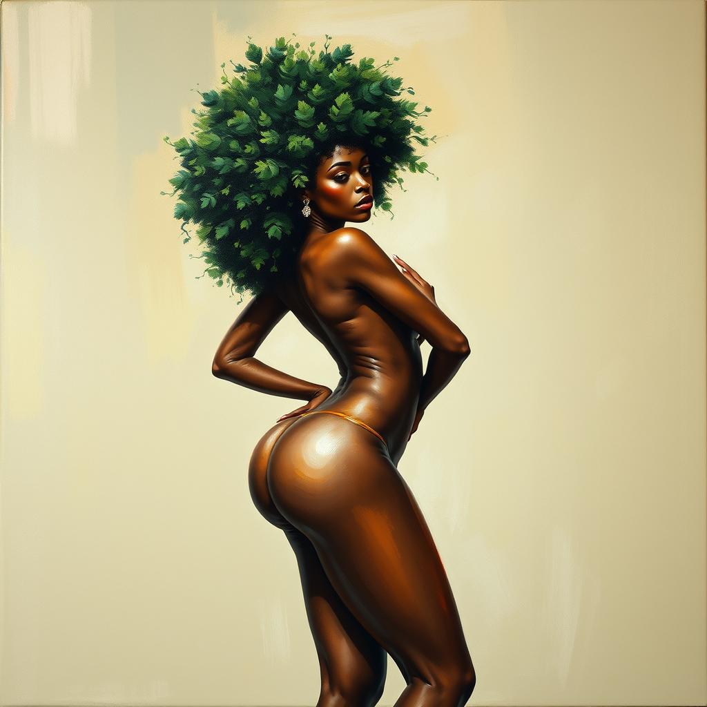 A polished, oil-based painting depicting a full nude body view of a gorgeous black woman with a green tree afro, beautiful breasts, and a big booty in a sensual pose