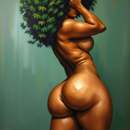 A polished, oil-based painting depicting a full nude body view of a gorgeous black woman with a green tree afro, beautiful breasts, and a big booty in a sensual pose