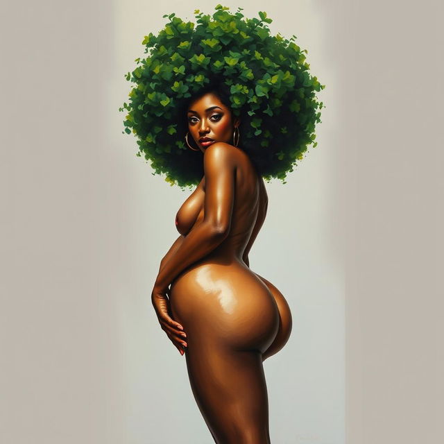 A polished, oil-based painting depicting a full nude body view of a gorgeous black woman with a green tree afro, beautiful breasts, and a big booty in a sensual pose