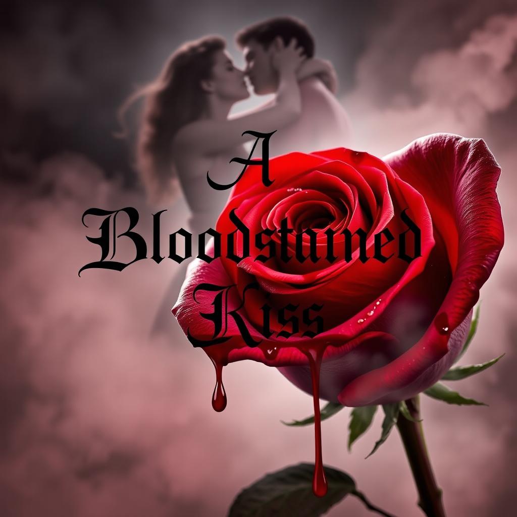 A captivating book cover for "A Bloodstained Kiss", featuring a mysterious and romantic atmosphere