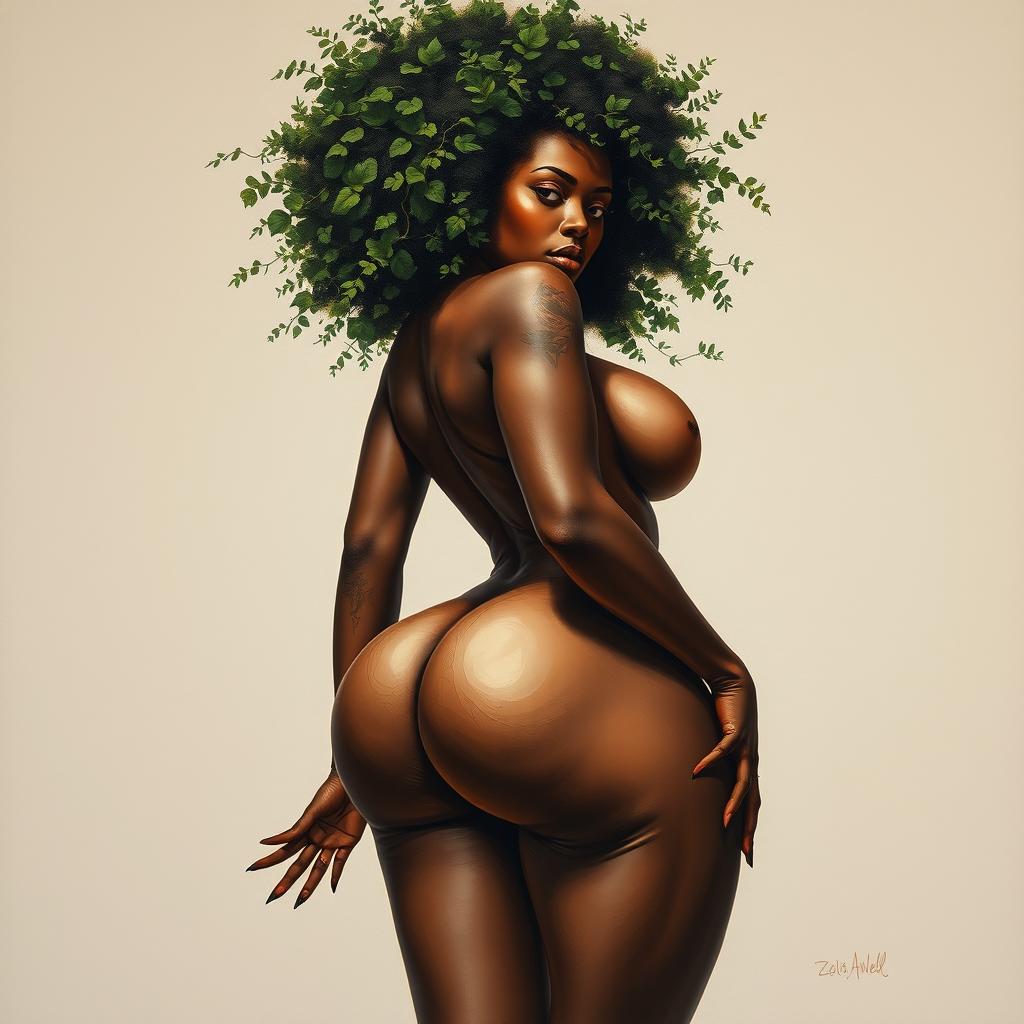 A polished, oil-based painting depicting a full nude body view of a gorgeous black woman with a green tree afro, beautiful breasts, and big booty in a sensual pose