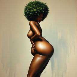 A polished, oil-based painting depicting a full nude body view of a gorgeous black woman with a green tree afro, beautiful breasts, and big booty in a sensual pose