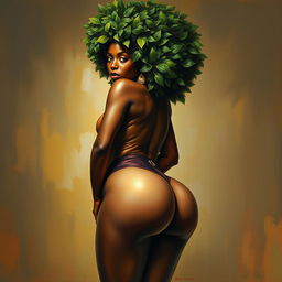 A polished, oil-based painting depicting a full nude body view of a gorgeous black woman with a green tree afro, beautiful breasts, and big booty in a sensual pose