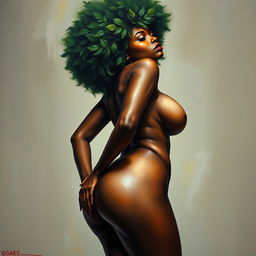 A polished, oil-based painting depicting a full nude body view of a gorgeous black woman with a green tree afro, beautiful breasts, and big booty in a sensual pose