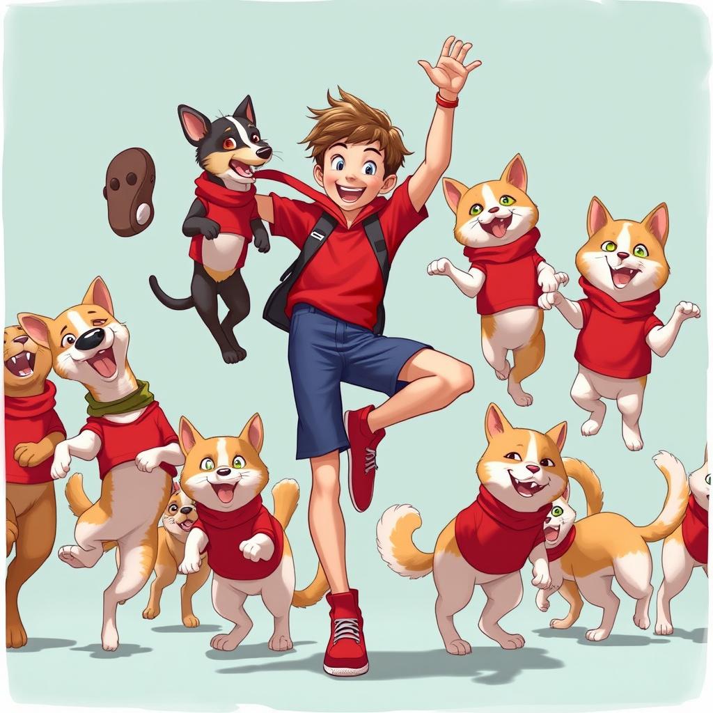 The character Alex alongside dogs and cats balancing on one leg, all wearing red clothing