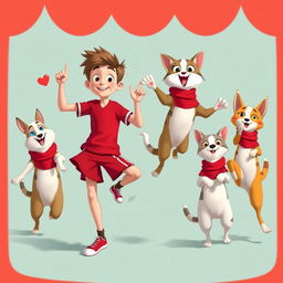 The character Alex alongside dogs and cats balancing on one leg, all wearing red clothing