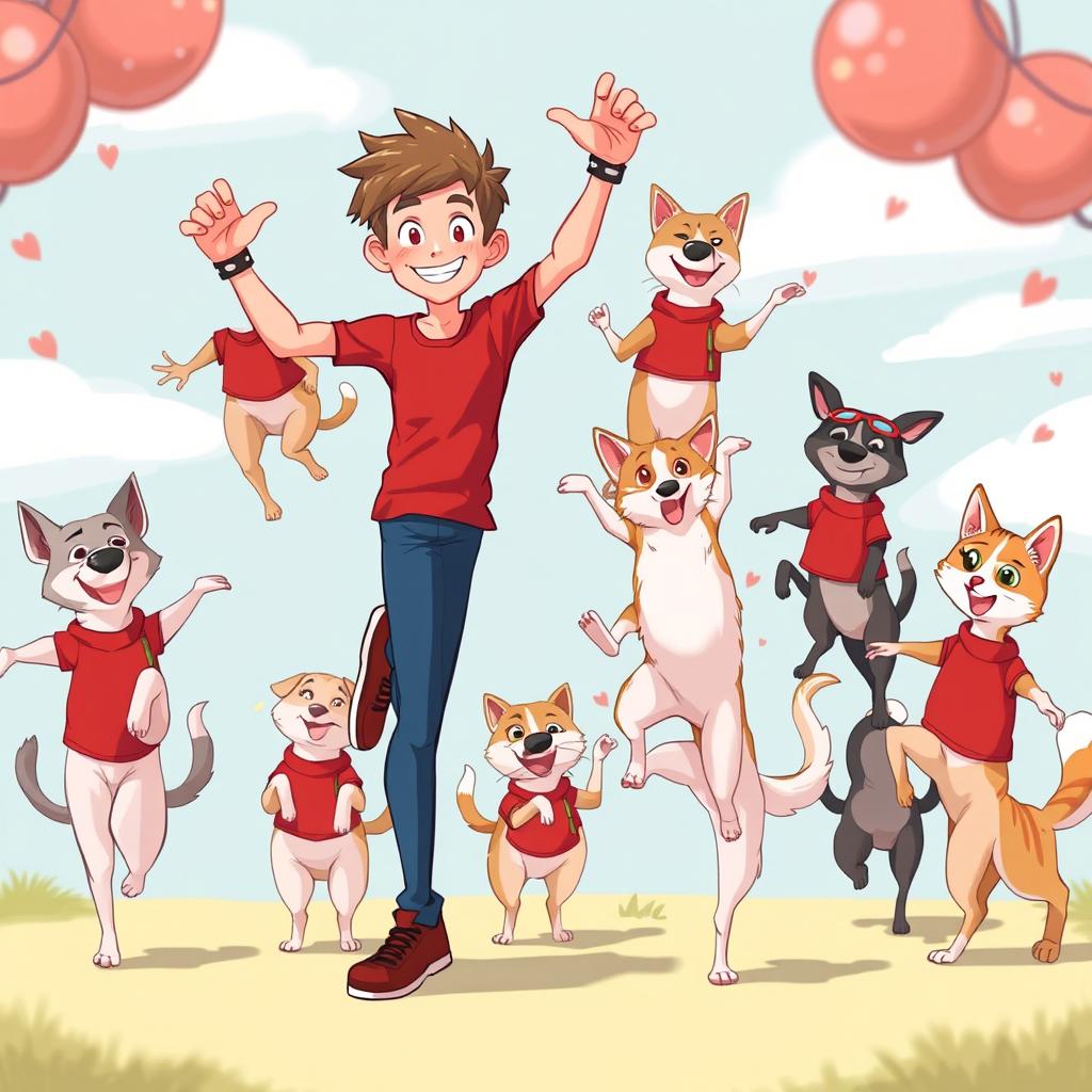 The character Alex alongside dogs and cats balancing on one leg, all wearing red clothing