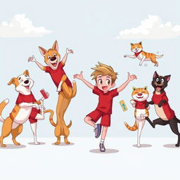 The character Alex alongside dogs and cats balancing on one leg, all wearing red clothing