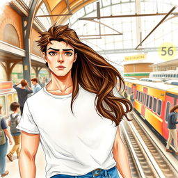 A realistically drawn watercolor-style book cover featuring a young woman with flowing brown hair and large, expressive eyes