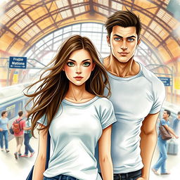 A realistically drawn watercolor-style book cover featuring a young woman with flowing brown hair and large, expressive eyes