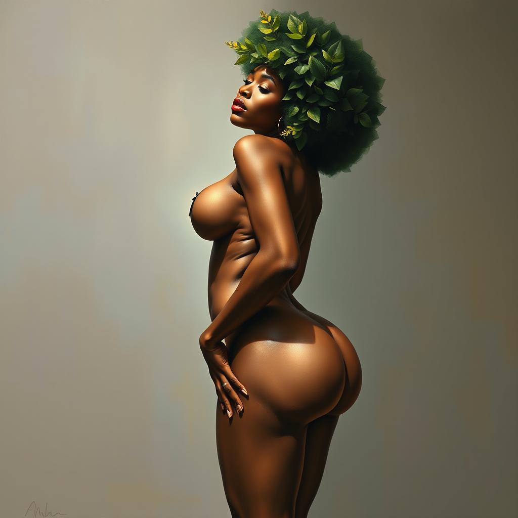 A polished, oil-based painting depicting a full nude body view of a gorgeous black woman with a green tree afro, beautiful breasts, and a big booty in a sensual pose