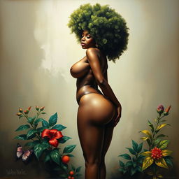 A polished, oil-based painting depicting a full nude body view of a gorgeous black woman with a green tree afro, beautiful breasts, and a big booty in a sensual pose