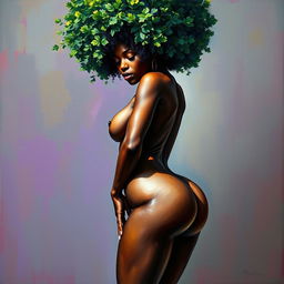 A polished, oil-based painting depicting a full nude body view of a gorgeous black woman with a green tree afro, beautiful breasts, and a big booty in a sensual pose