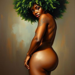 A polished, oil-based painting depicting a full nude body view of a gorgeous black woman with a green tree afro, beautiful breasts, and a big booty in a sensual pose