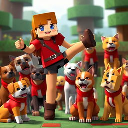 Alex from Minecraft balancing on one leg alongside dogs and cats, all wearing red clothing