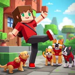 Alex from Minecraft balancing on one leg alongside dogs and cats, all wearing red clothing