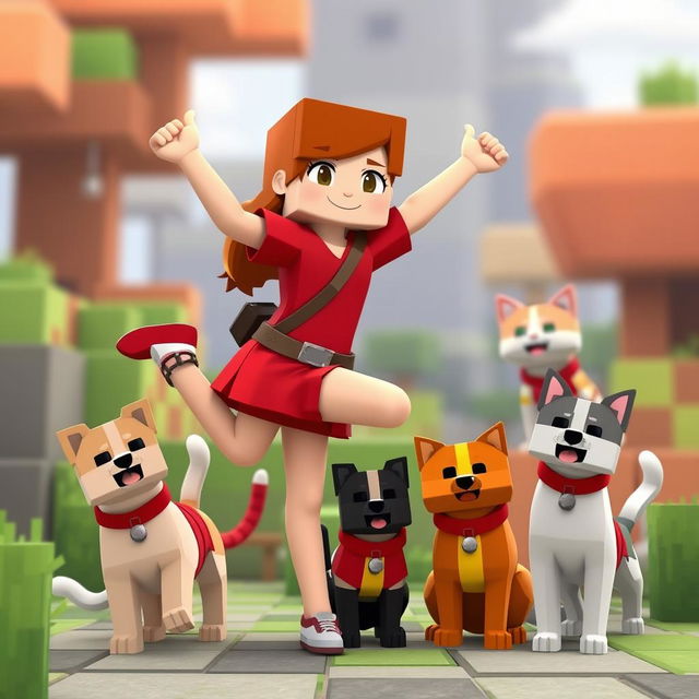 Alex from Minecraft balancing on one leg alongside dogs and cats, all wearing red clothing