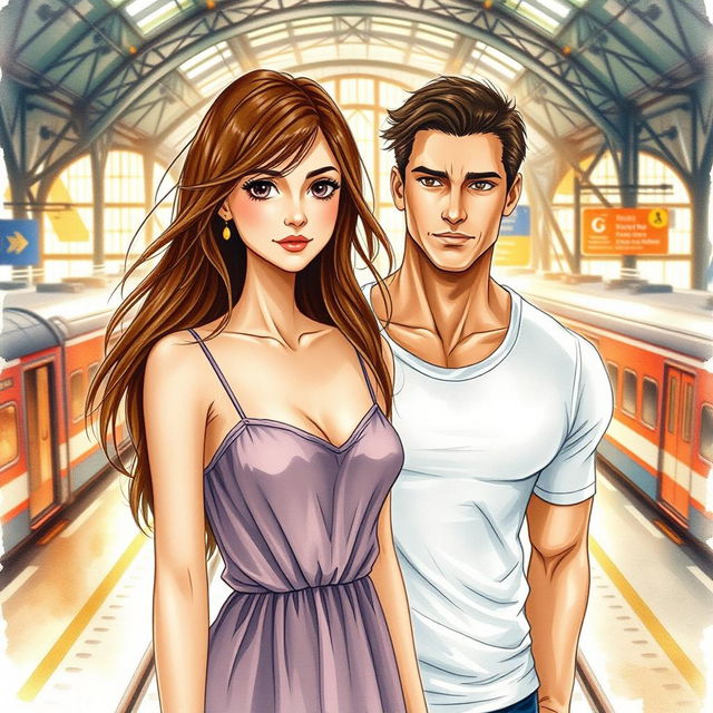 A realistically drawn watercolor-style book cover featuring a young woman with flowing brown hair and large, expressive eyes