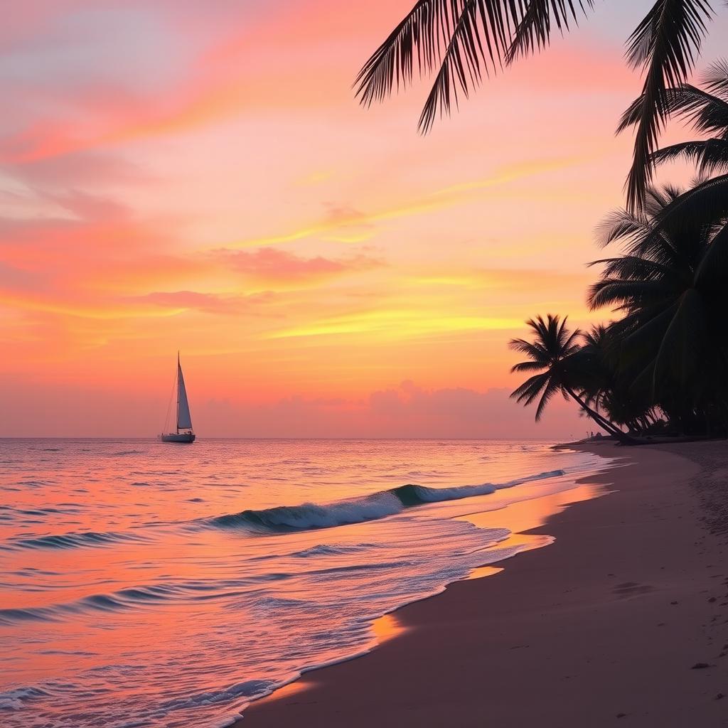 a picturesque sunset over a calm sea with a vibrant orange and pink sky, gentle waves lapping against a sandy beach, palm trees swaying in a light breeze, and a silhouette of a sailboat in the distance