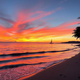 a picturesque sunset over a calm sea with a vibrant orange and pink sky, gentle waves lapping against a sandy beach, palm trees swaying in a light breeze, and a silhouette of a sailboat in the distance