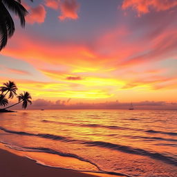 a picturesque sunset over a calm sea with a vibrant orange and pink sky, gentle waves lapping against a sandy beach, palm trees swaying in a light breeze, and a silhouette of a sailboat in the distance