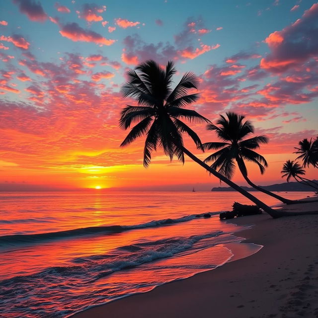 a picturesque sunset over a calm sea with a vibrant orange and pink sky, gentle waves lapping against a sandy beach, palm trees swaying in a light breeze, and a silhouette of a sailboat in the distance